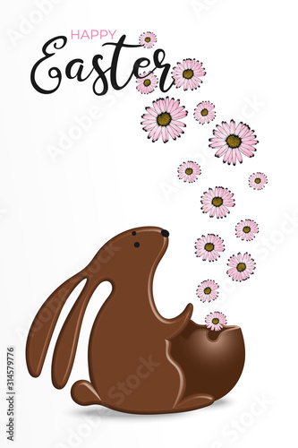 Happy Easter greeting card with chocolate bunny and broken choco egg with spring hand drawn flowers. Rabbit candy and holiday type font - happy Easter on white background. Vector illustration