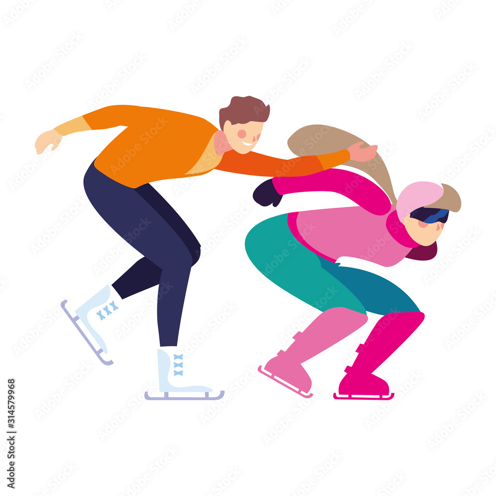 couple of people practicing skating winter on white background couple of people practicing skating winter on white background