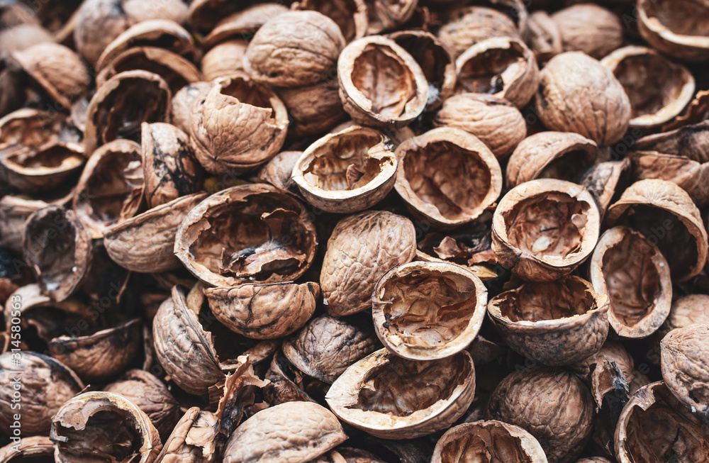 Walnut shells background. Walnut shells background.