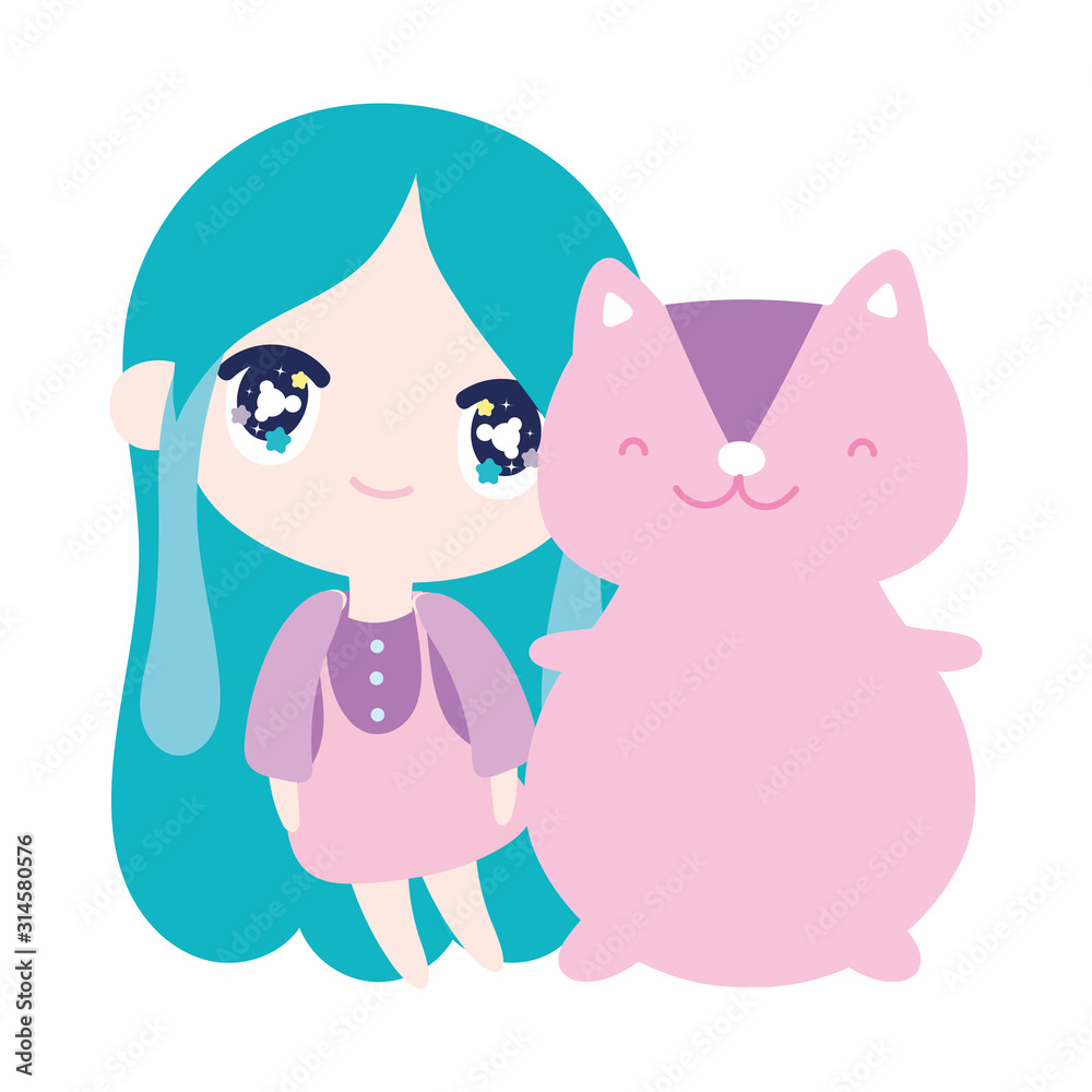 Fototapeta premium kids, cute little girl anime cartoon and cute squirrel