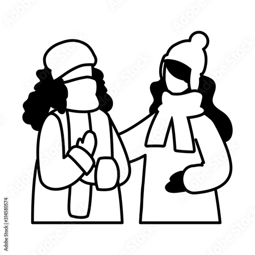 women with winter clothes on white background