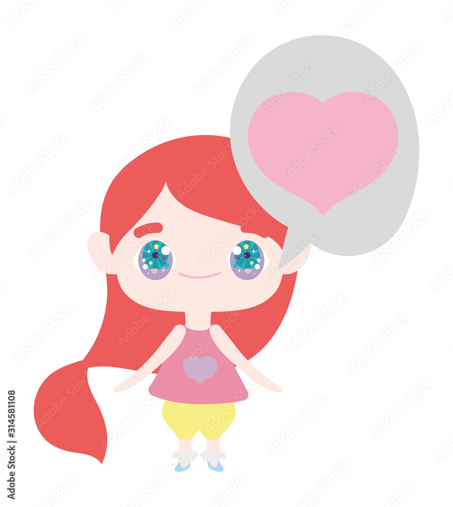 kids, little girl anime cartoon in love chat bubble decoration