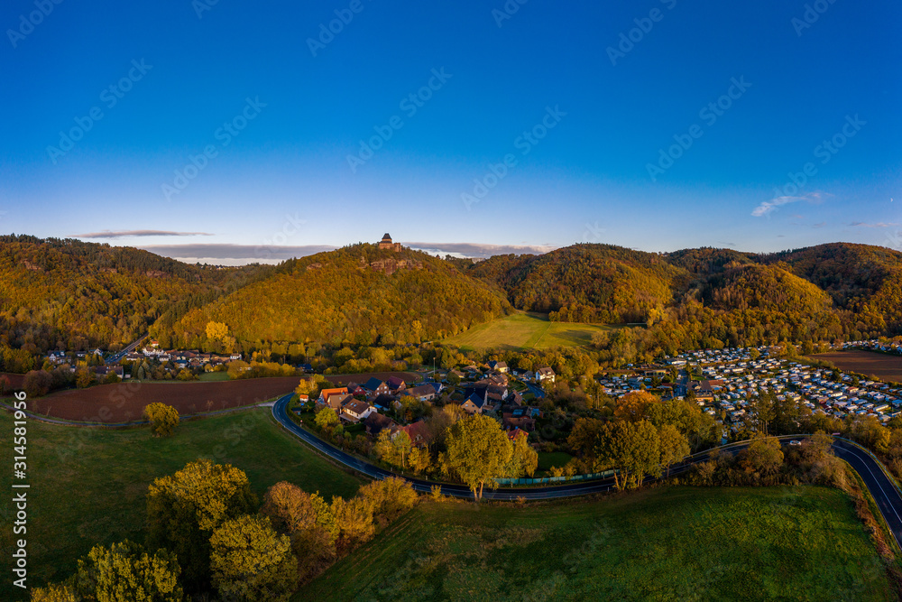 Panoramic view of Nideggen castle in Eifel, Germany. Drone photography.
