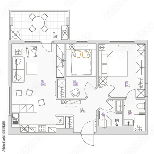 Architectural background. Eps10 vector illustration Flat room design top view plan.