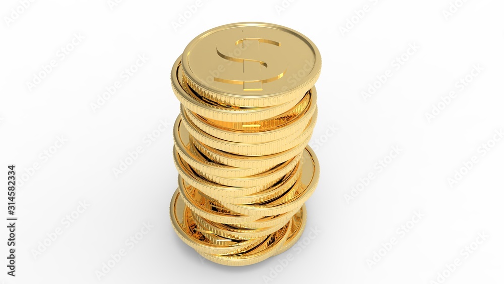 3d rendering, 3d illustration. A high stack of gold coins on a white background. 3d rendering, 3d illustration. A high stack of gold coins on a white background.