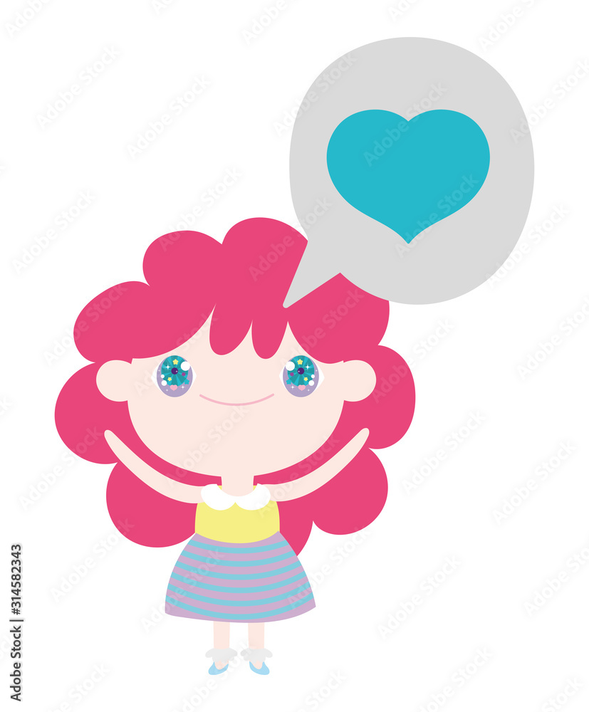 kids, little girl anime cartoon in love chat bubble decoration