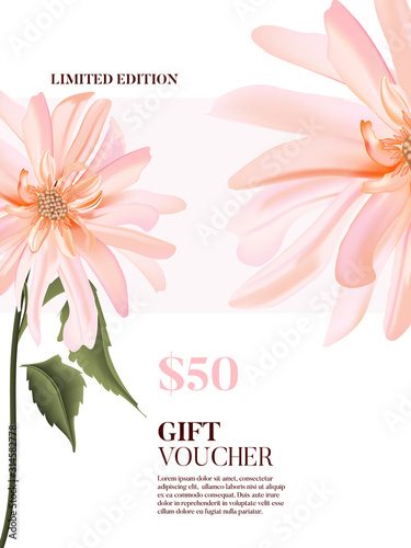 Waterclor realistic tender rose pink  dahlia flower poster in vector. Tender garden blooming plant advertising. Fabulous spring daisy nature art. Florist branding