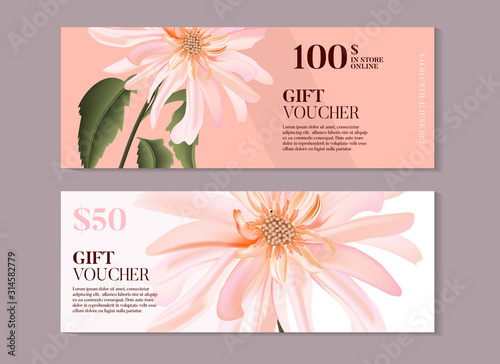 Elegant magnolia flower gift voucher template in vector. Hand-drawn business concept for banner, beauty salon, spa, handmade products, eco packaging design