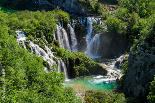 Aerial view of a high waterfall in the Plitvice Lakes National Park in Croatia