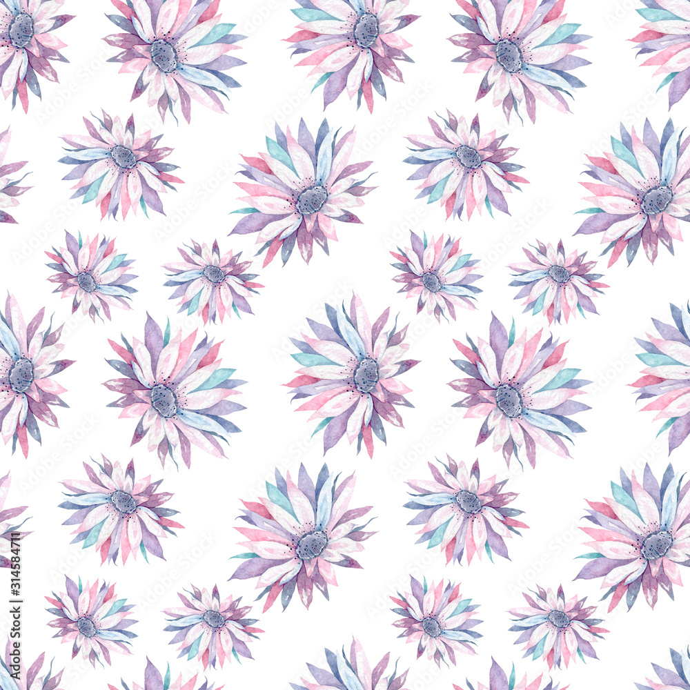 Beautiful soft pink cactus flower seamless pattern, isolated on white background. Adorable pink colorful watercolor flowers. Fashion style for frabric, textile