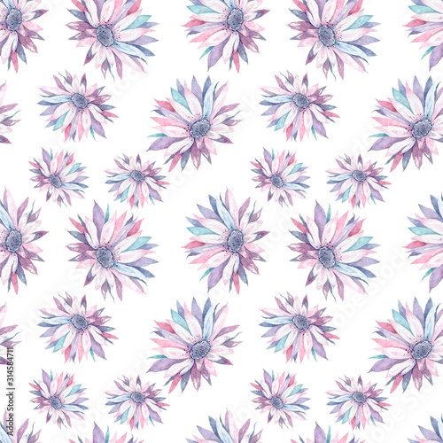 Beautiful soft pink cactus flower seamless pattern, isolated on white background. Adorable pink colorful watercolor flowers. Fashion style for frabric, textile © Anna Terleeva
