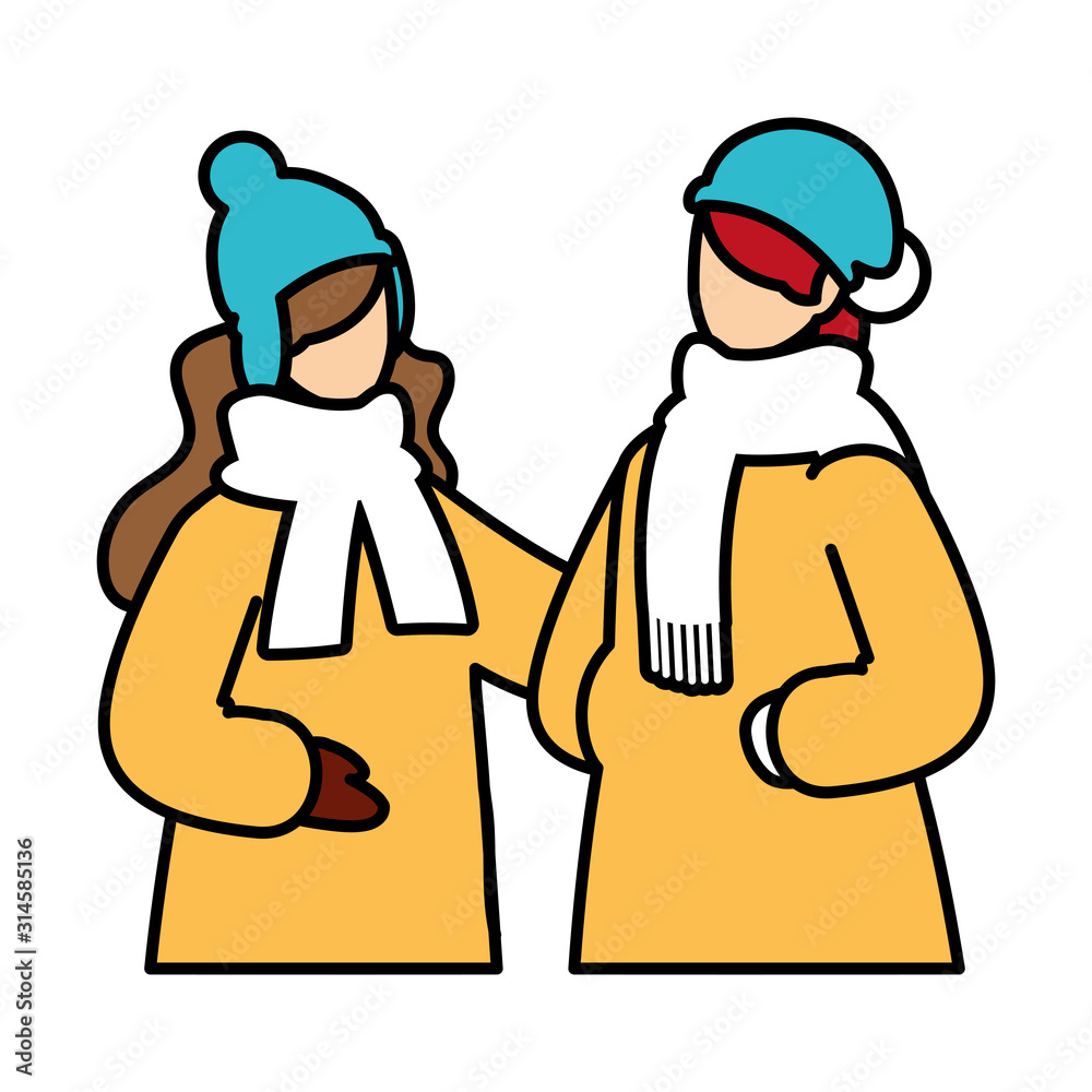 women with winter clothes on white background