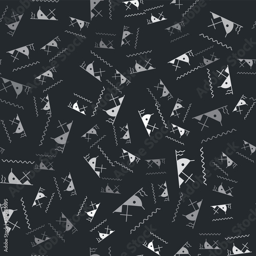 Grey Sunken ship at the bottom of the sea icon isolated seamless pattern on black background. Vector Illustration