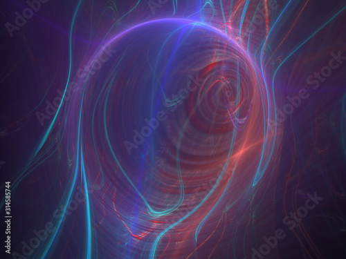 Abstract Spherical Shape 3D Illustration - Colorful gradients of light warped into the shape of a sphere. Brilliant glowing lights, blue and purple neon gradients.