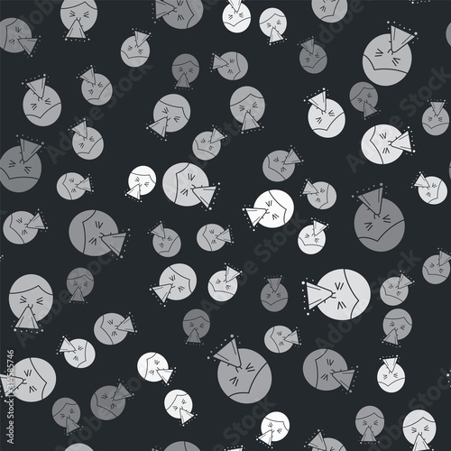 Grey Man holding handkerchief or napkin to his runny nose icon isolated seamless pattern on black background. Coryza desease symptoms. Vector Illustration