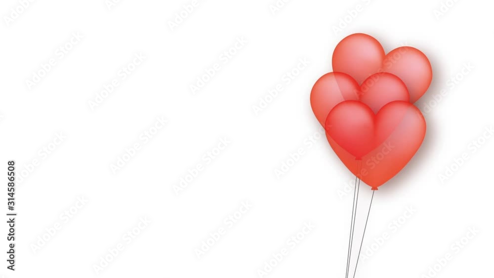 Valentines movie with moving red balloons on white background with copy space