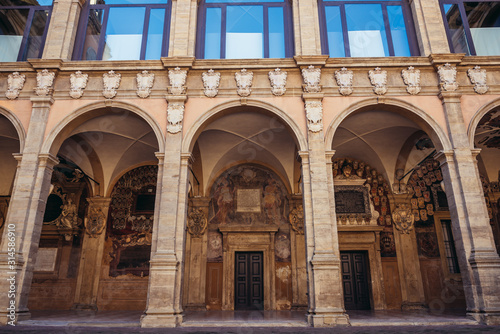 View from inner court on Archiginnasi - historic main building of University in Bologna city, Italy © Fotokon