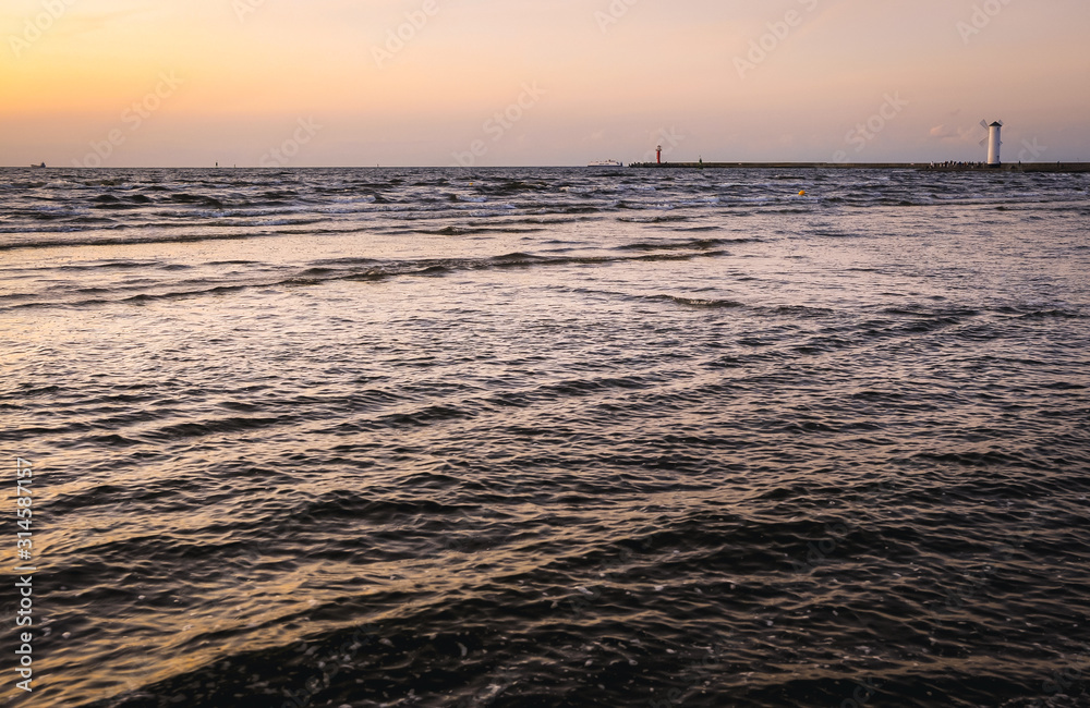Fototapeta premium Evening view of Baltic Sea in Swinoujscie coastal city in West Pomeranian Poland