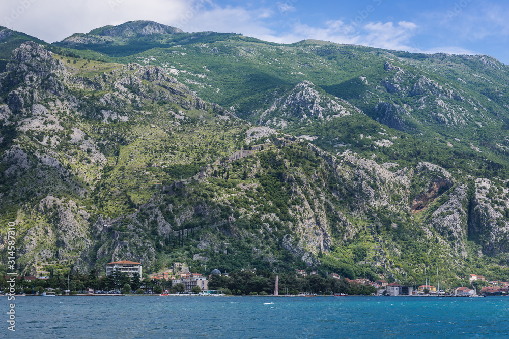 View on mountain with St John Fort and ancient town in Kotor, Montenegro
