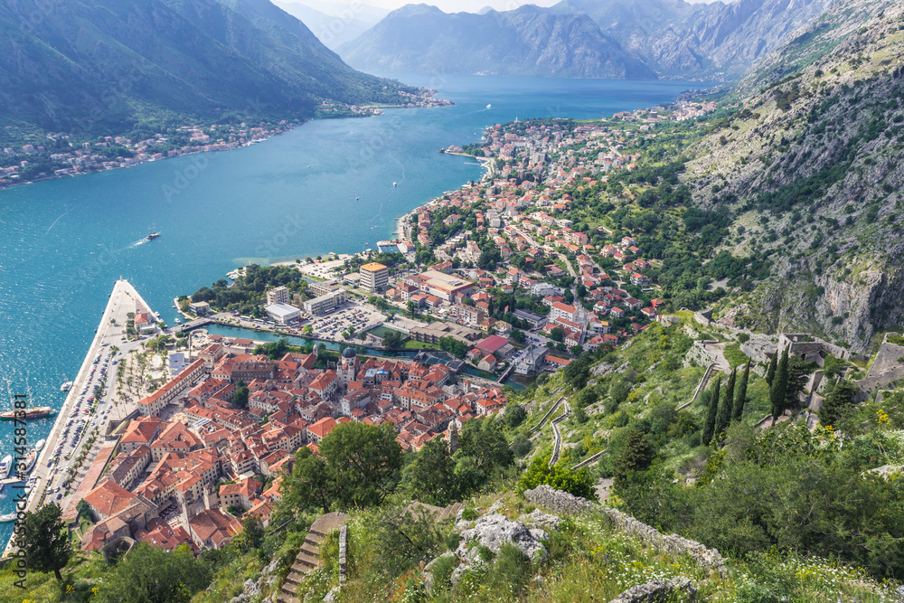 View from ruins of ancient fortress on St John mountain in Kotor town, Montenegro