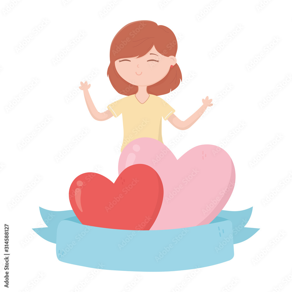 happy valentines day young girl with hearts love ribbon happy valentines day young girl with hearts love ribbon