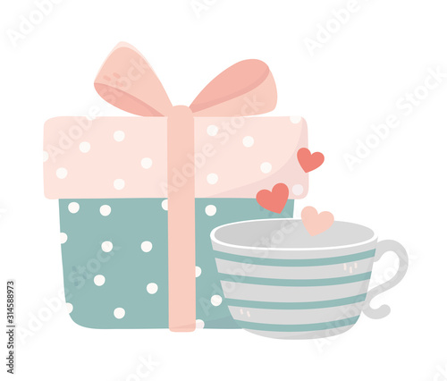 happy valentines day wrapped gift box and coffee cup love hearts