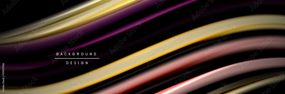 Silk and smooth flow wave poster design. Color waves, liquid style lines and shapes in black color background Silk and smooth flow wave poster design. Color waves, liquid style lines and shapes in black color background