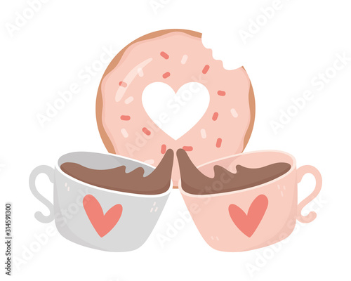 happy valentines day sweet donut and coffee cups love hearts