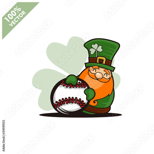 Baseball softball ball happy Saint Patrick's Day theme. Cartoon character with green hat illustration vector logo.