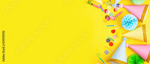 Birthday background, top view. Flat lay style. Mockup, template with copy space. Horizontal long banner for web design