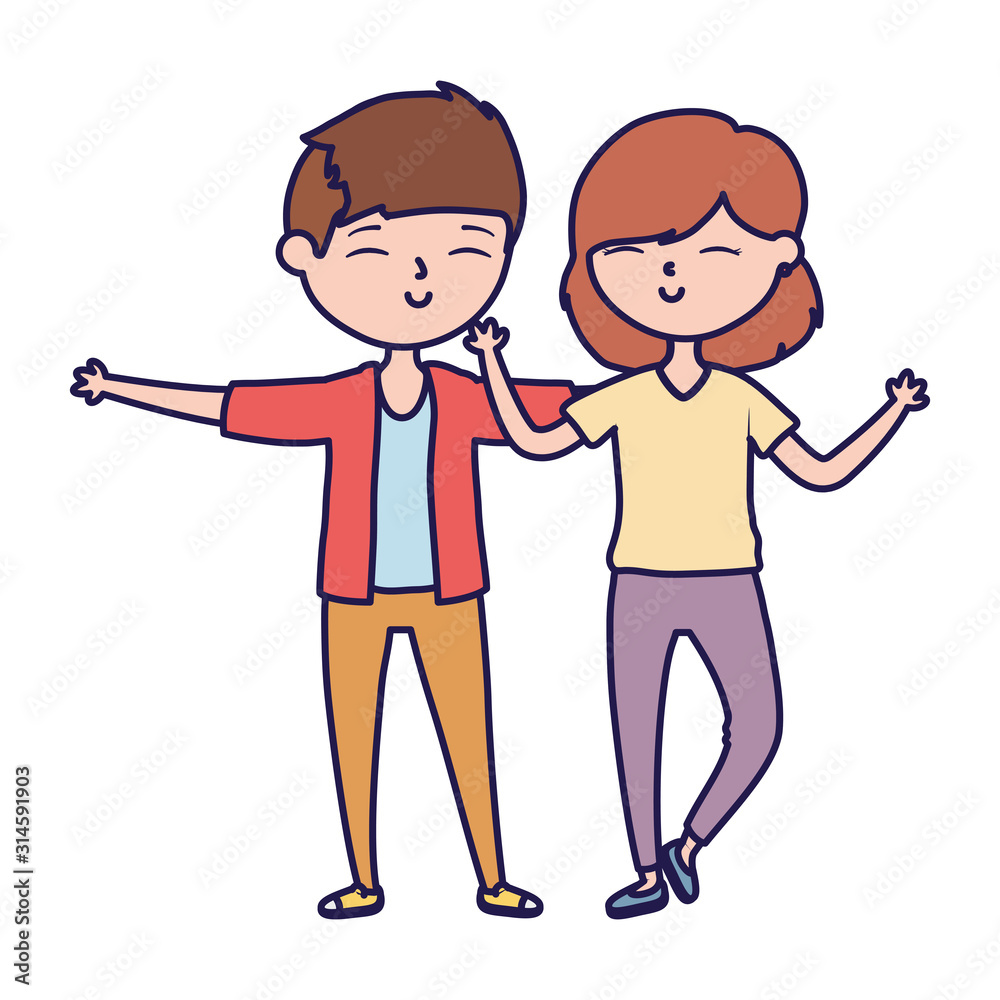 happy young couple together hugging cartoon characters happy young couple together hugging cartoon characters