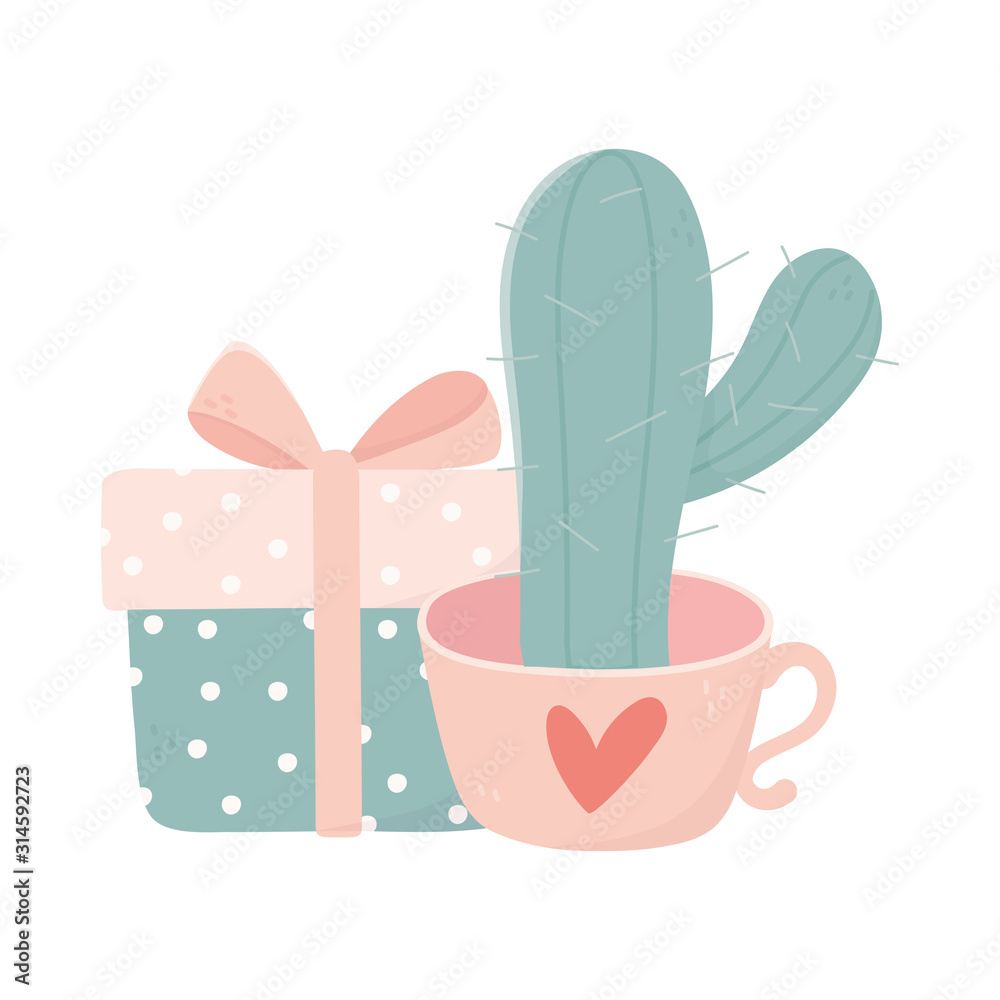 happy valentines day cactus in coffee cup and gift box