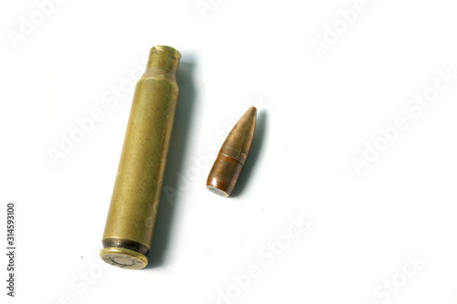 macro shoot of 5.56 caliber bullet on a white isolated background