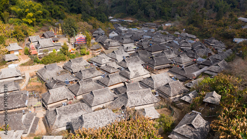 Aerial view of the remote Nuogang Dai village in Lancang, Yunnan - China photo