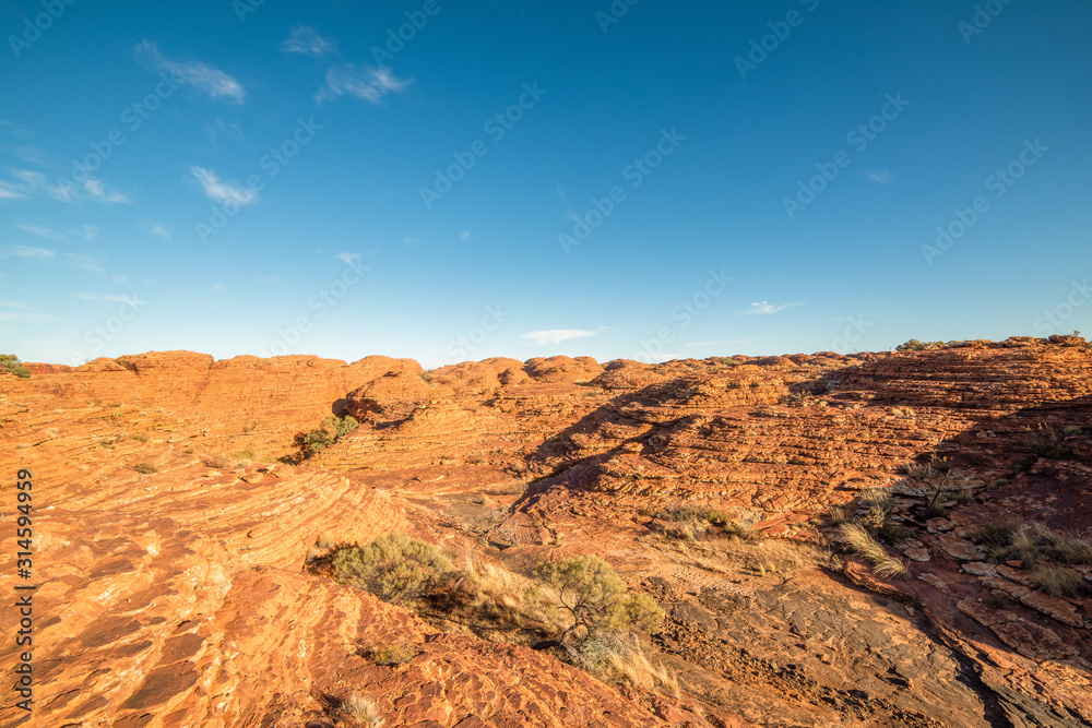 Lookout over the canyon of red arid earth in the bright sun