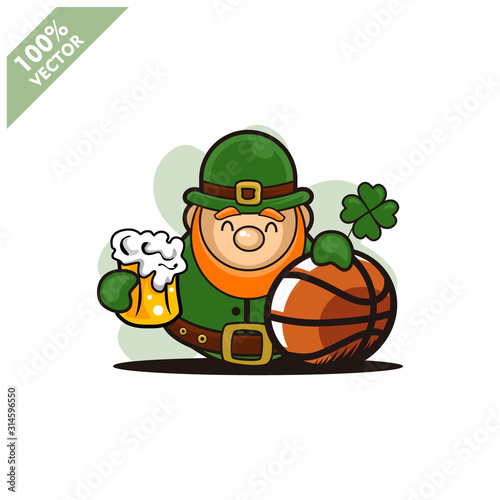 Basketball ball happy Saint Patrick's Day theme. Cartoon character with green hat illustration vector logo.