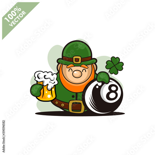 Billird 8 ball happy Saint Patrick's Day theme. Cartoon character with green hat illustration vector logo.