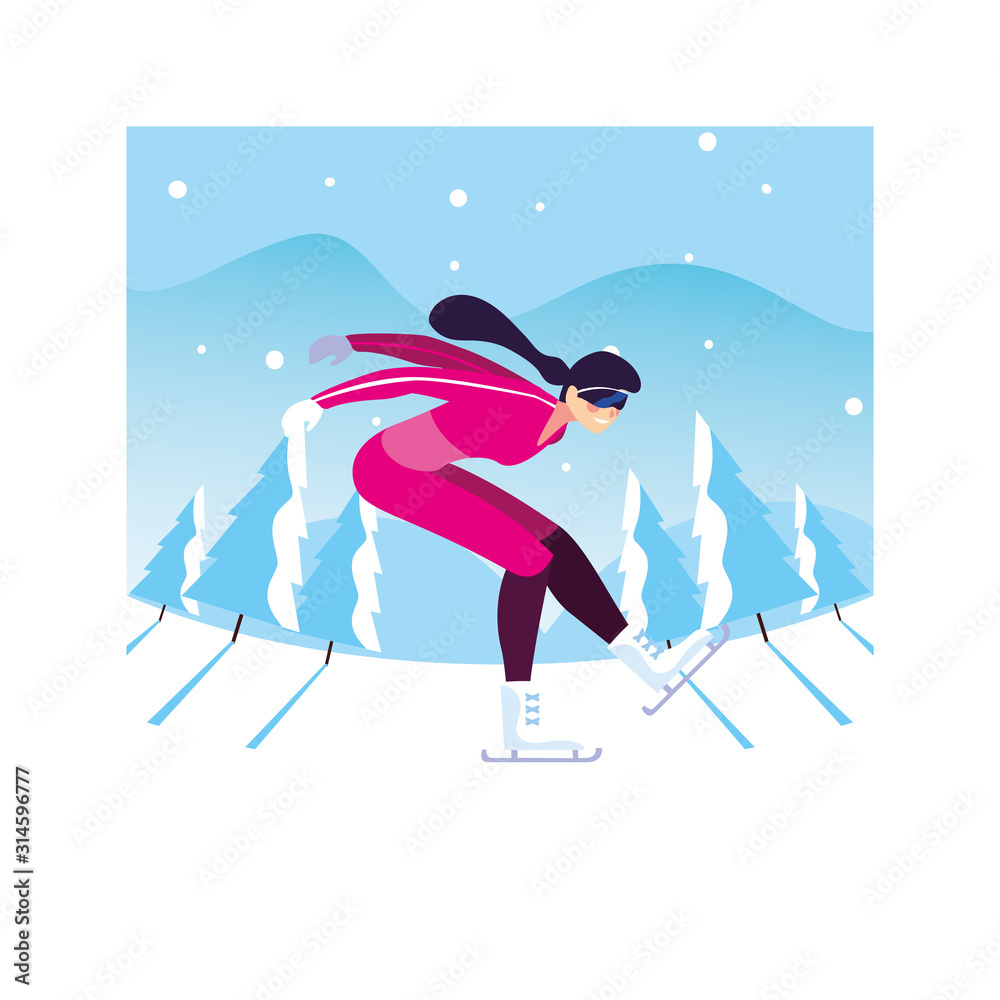 woman ice skating in landscape of winter