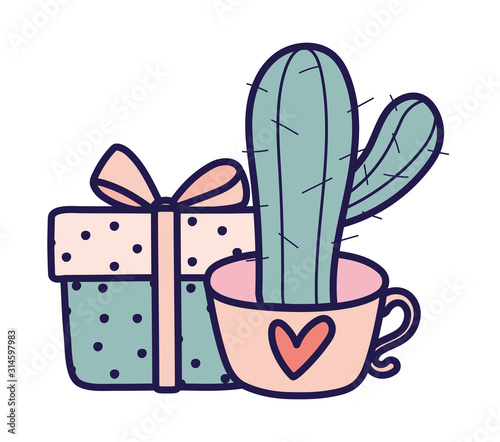 happy valentines day cactus in coffee cup and gift box