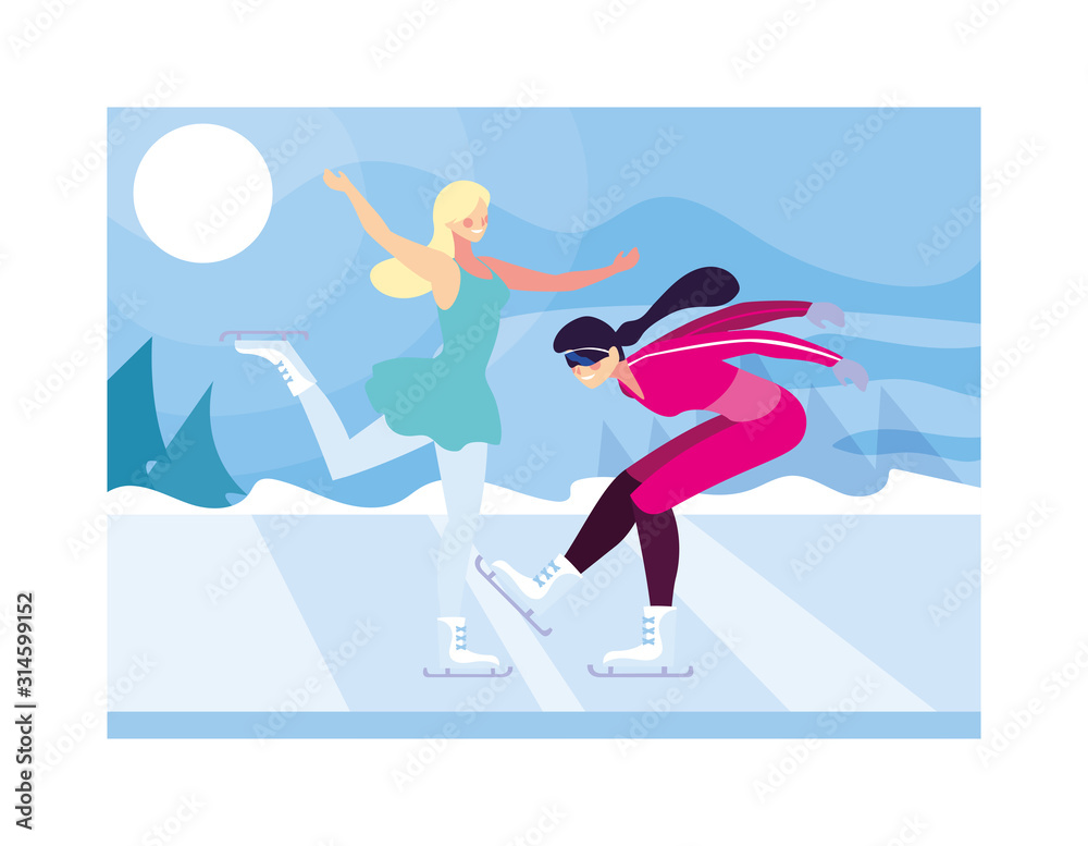 women practicing skating winter in landscape with snowfall
