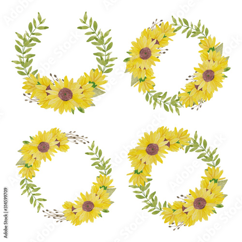 Watercolor hand painted sunflower circle wreath illustration