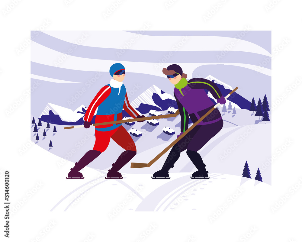 Fototapeta premium men playing hockey, hockey players with hockey stick, ice hockey puck