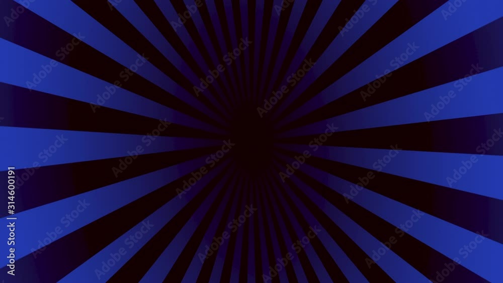 Psychedelic illusion rotating background with blue and black geometric lines, one point perspective