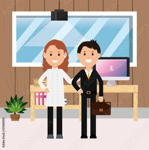businessman and female doctor office workspace desk computer window