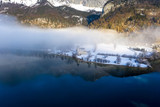 Winter Lake and snowy Forest Landscape Travel foggy serene scenic aerial view