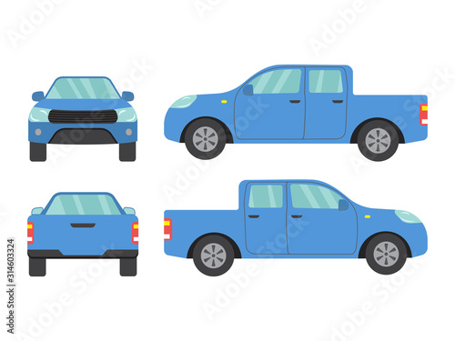 Set of blue pickup truck car view on white background,illustration vector,Side, front, back