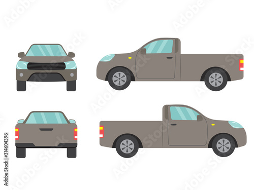 Set of gray pickup truck single cab car view on white background,illustration vector,Side, front, back