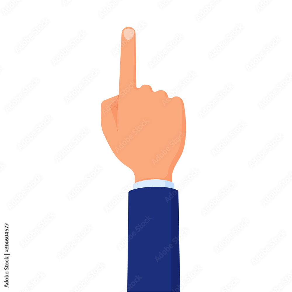 Man's hand in blue suit pointing with index finger flat cartoon style vector illustration icon isolated on white background.