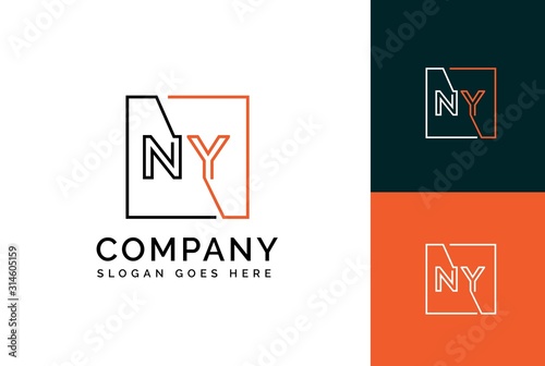 Orange black square initial letter NY line logo design vector graphic