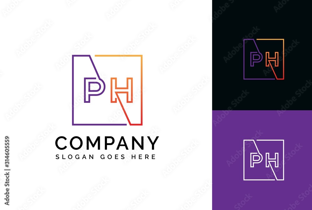 Purple orange gradient square initial letter PH line logo design vector graphic